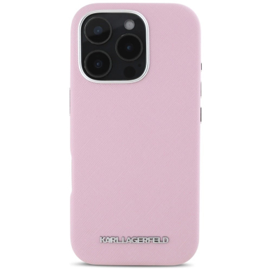 Karl Lagerfeld Saffiano Full Wrapped Elongated Metal Logo MagSafe iPhone 16 Pro Max Dėklas - Rožinis 2