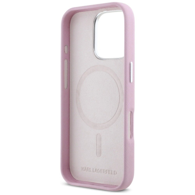 Karl Lagerfeld Saffiano Full Wrapped Elongated Metal Logo MagSafe iPhone 16 Pro Max Dėklas - Rožinis 6
