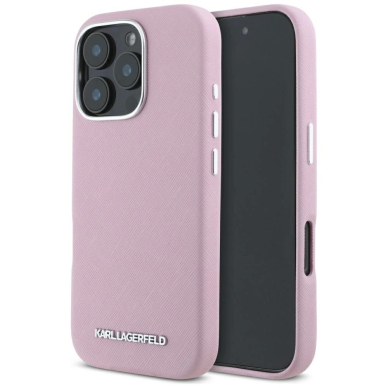 Karl Lagerfeld Saffiano Full Wrapped Elongated Metal Logo MagSafe iPhone 16 Pro Max Dėklas - Rožinis
