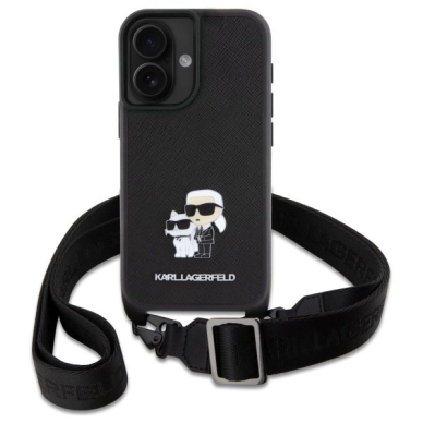 Dėklas Karl Lagerfeld Saffiano KarlChoupette Metal Pin CBDY Strap iPhone 16 - Juodas 1 Dėklas Karl Lagerfeld Saffiano KarlChoupette Metal Pin CBDY Strap iPhone 16 - Juodas 1