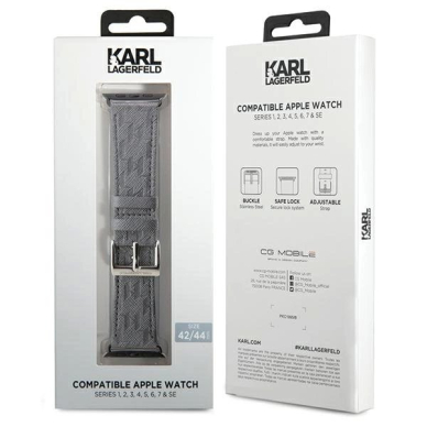 Apple Watch 42/44/45/49mm Karl Lagerfeld Saffiano Monogram apyrankė – sidabrinis 2 Apple Watch 42/44/45/49mm Karl Lagerfeld Saffiano Monogram apyrankė – sidabrinis 2