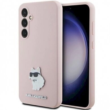 Dėklas Karl Lagerfeld Silicone Choupette Metal Pin case for Samsung Galaxy S23 FE - Rožinis