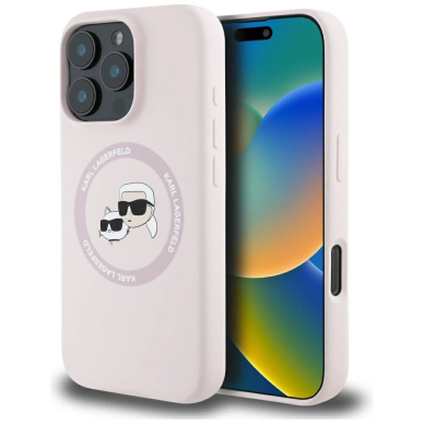 Karl Lagerfeld Silikoninis Double Heads And Circle MagSafe Dėklas skirtas iPhone 16 Pro Max Rožinis