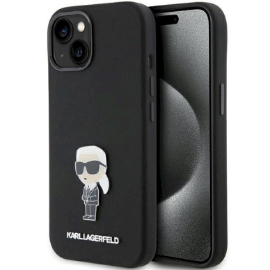 Karl Lagerfeld Silicone Ikonik Metal Pin dėklas skirtas iPhone 15 - Juodas Karl Lagerfeld Silicone Ikonik Metal Pin dėklas skirtas iPhone 15 - Juodas