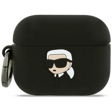 AirPods Pro 3 Karl Lagerfeld silikoninis Karl Head 3D dėklas – juodas