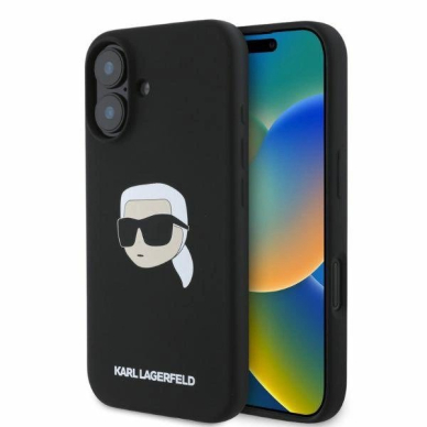Karl Lagerfeld silikoninis dėklas su Karl galvos atvaizdu MagSafe iPhone 16 - juodas