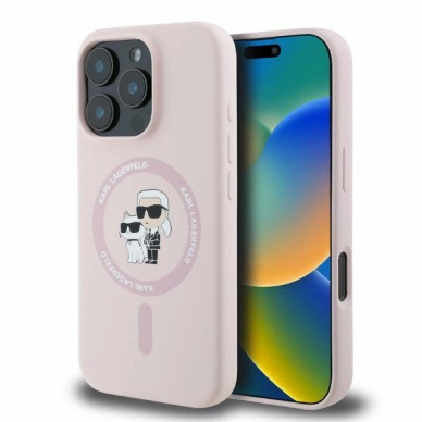 Karl Lagerfeld Silikoninis Karl&Choupette Heads MagSafe Dėklas skirtas iPhone 16 Pro Max - Rožinis