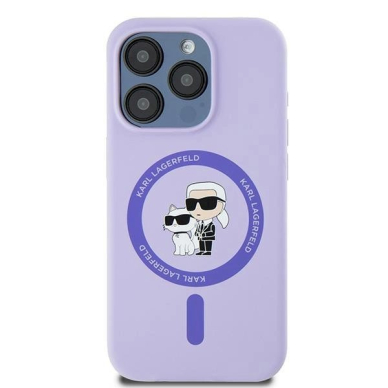 Karl Lagerfeld Silicone Karl&Choupette Heads Ring MagSafe Dėklas iPhone 15 Pro - violetinis 2 Karl Lagerfeld Silicone Karl&Choupette Heads Ring MagSafe Dėklas iPhone 15 Pro - violetinis 2