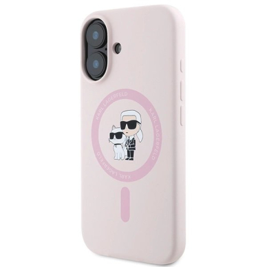 iPhone 16 Plus Karl Lagerfeld Silicone Karl&Choupette Heads Ring MagSafe dėklas - rožinis 1