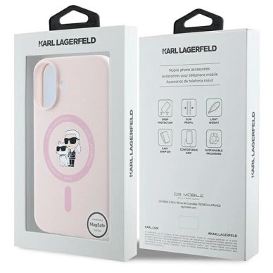 iPhone 16 Plus Karl Lagerfeld Silicone Karl&Choupette Heads Ring MagSafe dėklas - rožinis 7
