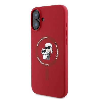 iPhone 16 Plus Karl Lagerfeld Silicone Karl&Choupette Heads Ring MagSafe dėklas - raudonas 1