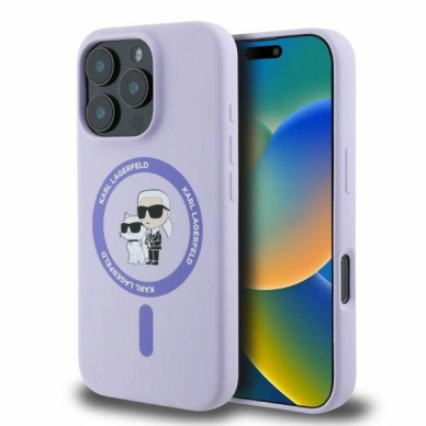 iPhone 16 Pro Max Karl Lagerfeld Silicone Karl&Choupette Heads Ring MagSafe dėklas - violetinis