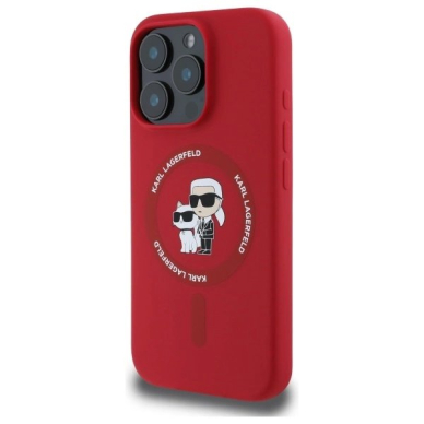iPhone 16 Pro Karl Lagerfeld Silicone Karl&Choupette Heads Ring MagSafe dėklas - raudonas 1