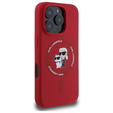 iPhone 16 Pro Karl Lagerfeld Silicone Karl&Choupette Heads Ring MagSafe dėklas - raudonas 3
