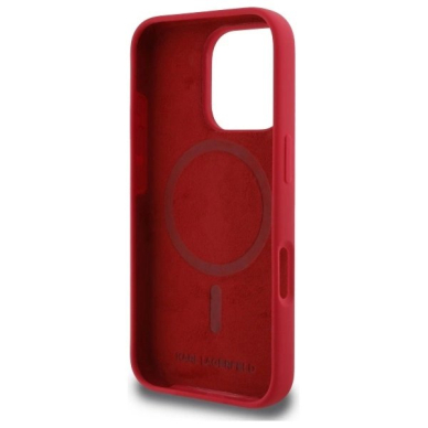 iPhone 16 Pro Karl Lagerfeld Silicone Karl&Choupette Heads Ring MagSafe dėklas - raudonas 6