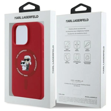 iPhone 16 Pro Karl Lagerfeld Silicone Karl&Choupette Heads Ring MagSafe dėklas - raudonas 7
