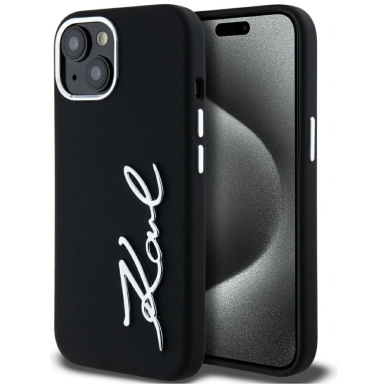 iPhone 15 – Karl Lagerfeld Silicone Metal Script Logo dėklas - Juodas