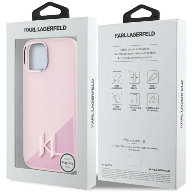 Karl Lagerfeld Silikoninis Shadow Metal Initial MagSafe iPhone 15 Dėklas Rožinis 7