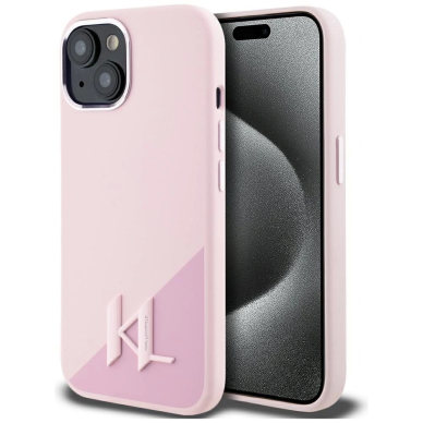 Karl Lagerfeld Silikoninis Shadow Metal Initial MagSafe iPhone 15 Dėklas Rožinis