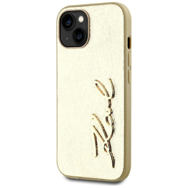 iPhone 15 Karl Lagerfeld Wrinkled Metal Signature dėklas - auksinis 1