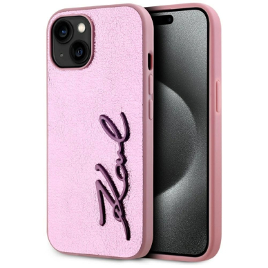 iPhone 15 Karl Lagerfeld Wrinkled Metal Signature dėklas - rožinis