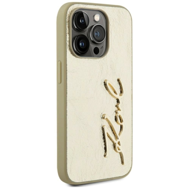 iPhone 15 Pro Max Karl Lagerfeld Wrinkled Metal Signature dėklas - auksinis 3 iPhone 15 Pro Max Karl Lagerfeld Wrinkled Metal Signature dėklas - auksinis 3