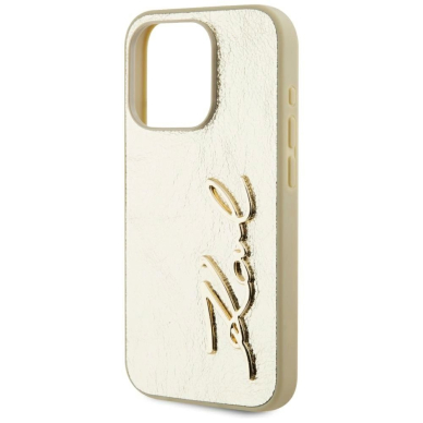 iPhone 15 Pro Max Karl Lagerfeld Wrinkled Metal Signature dėklas - auksinis 5