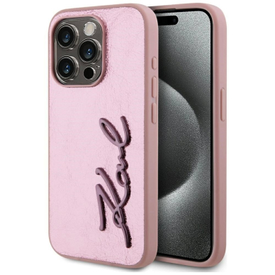 iPhone 15 Pro Max Karl Lagerfeld Wrinkled Metal Signature dėklas - rožinis iPhone 15 Pro Max Karl Lagerfeld Wrinkled Metal Signature dėklas - rožinis