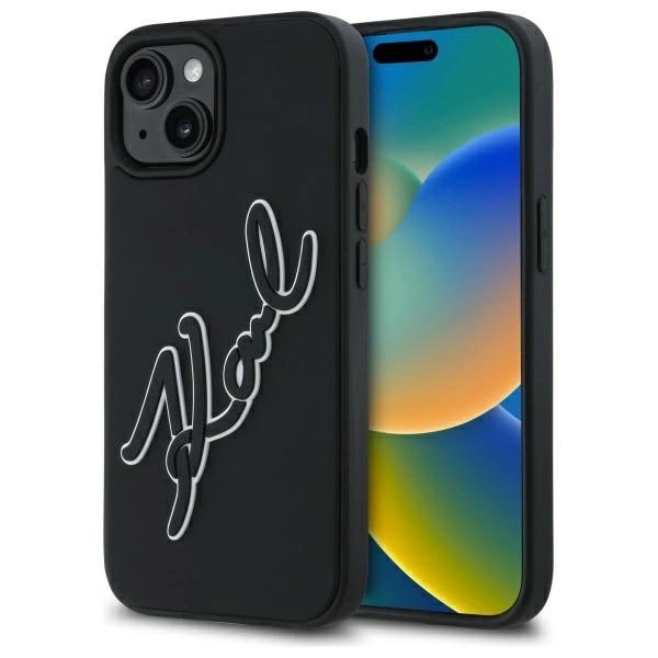 iPhone 15 Karl Lagerfeld 3D Rubber Signature dėklas - juodas