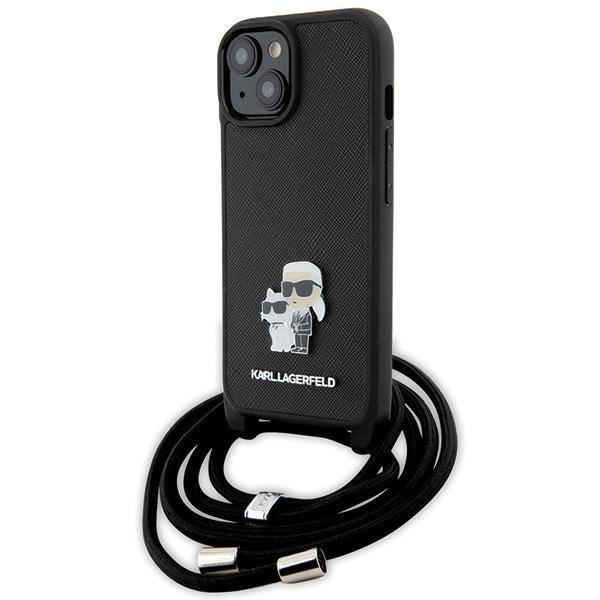 Karl Lagerfeld Crossbody Saffiano Metal Pin Karl & Choupette case for iPhone 15 - black Karl Lagerfeld Crossbody Saffiano Metal Pin Karl & Choupette case for iPhone 15 - black