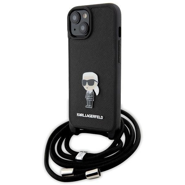 Karl Lagerfeld Crossbody Saffiano Monogram Metal Pin Karl & Choupette Case for iPhone 15 - Black Karl Lagerfeld Crossbody Saffiano Monogram Metal Pin Karl & Choupette Case for iPhone 15 - Black