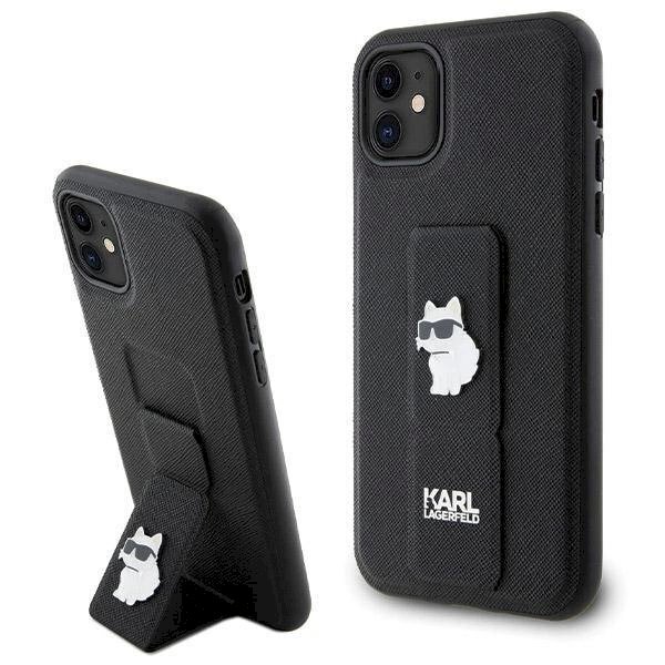 Karl Lagerfeld Gripstand Saffiano Choupette Pins Dėklas skirtas iPhone 11 / Xr - Juodas Karl Lagerfeld Gripstand Saffiano Choupette Pins Dėklas skirtas iPhone 11 / Xr - Juodas