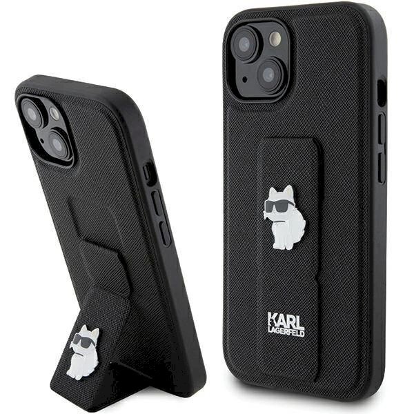 Karl Lagerfeld Gripstand Saffiano Choupette Pins Dėklas skirtas iPhone 15 - Juodas Karl Lagerfeld Gripstand Saffiano Choupette Pins Dėklas skirtas iPhone 15 - Juodas