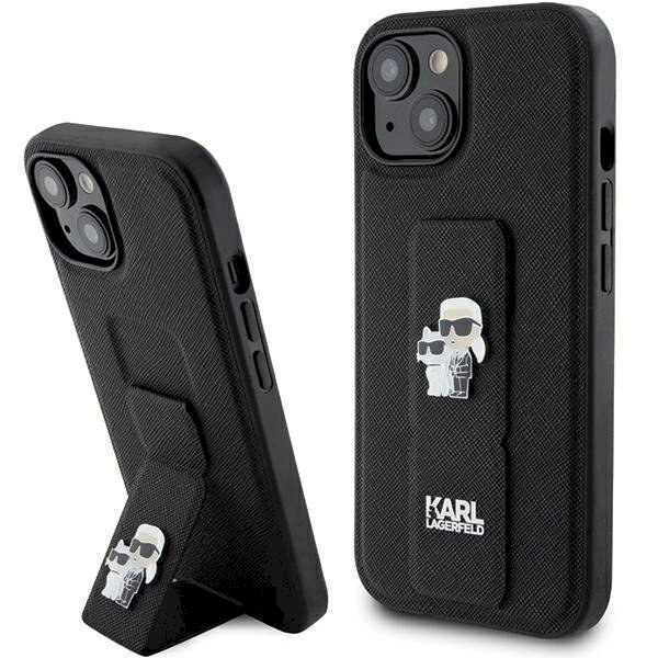 Karl Lagerfeld Gripstand Saffiano Karl&Choupette Pins Dėklas skirtas iPhone 15 - Juodas Karl Lagerfeld Gripstand Saffiano Karl&Choupette Pins Dėklas skirtas iPhone 15 - Juodas