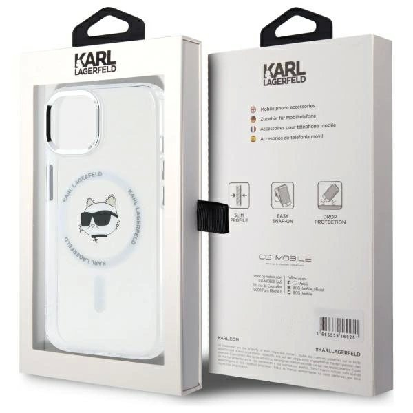 iPhone 15 Karl Lagerfeld IML Metal Choupette Head MagSafe dėklas - baltas 7