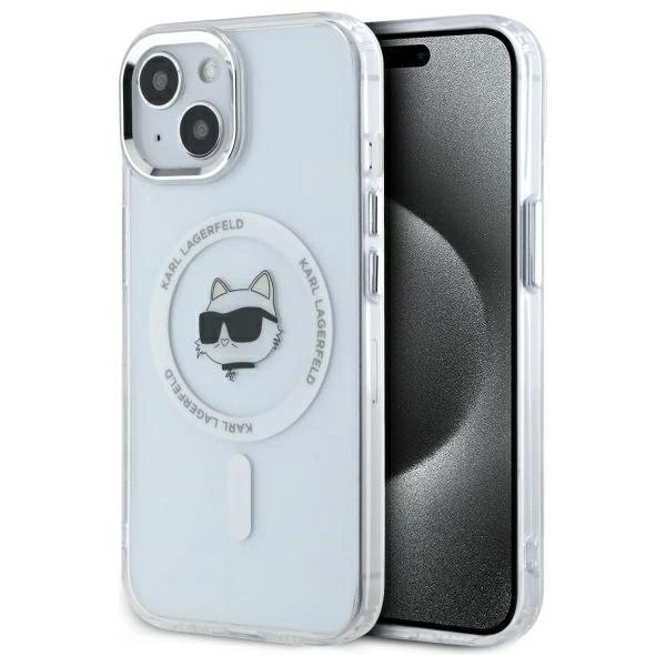 iPhone 15 Plus Karl Lagerfeld IML Metal Choupette Head MagSafe dėklas - baltas