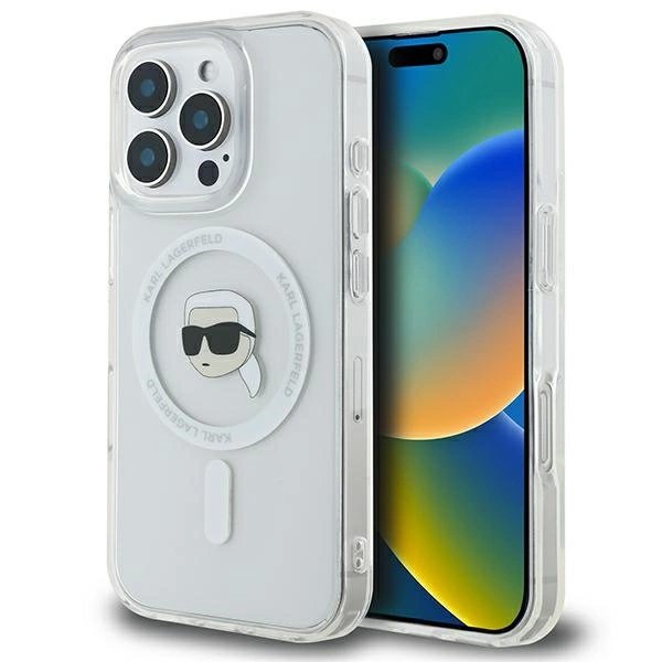 Dėklas Karl Lagerfeld IML Metal Karl Head MagSafe  iPhone 16 Pro Max - Baltas Dėklas Karl Lagerfeld IML Metal Karl Head MagSafe  iPhone 16 Pro Max - Baltas