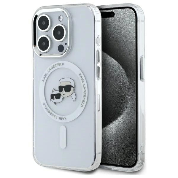 iPhone 15 Pro Karl Lagerfeld IML Metal Karl&Choupette Head MagSafe dėklas - baltas