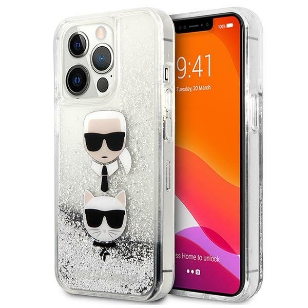 Originalus Karl Lagerfeld dėklas KLHCP13LKICGLS iPhone 13 Pro / 13 6.1 Sidabrinis Liquid Glitter Karl & Choupette Head Originalus Karl Lagerfeld dėklas KLHCP13LKICGLS iPhone 13 Pro / 13 6.1 Sidabrinis Liquid Glitter Karl & Choupette Head