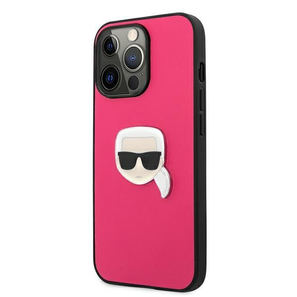 Originalus Karl Lagerfeld dėklas KLHCP13LPKMP iPhone 13 Pro / 13 6,1" Rožinis Leather Ikonik Karl`s Head Metal 1