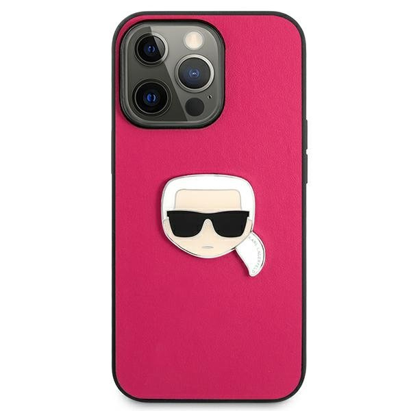 Originalus Karl Lagerfeld dėklas KLHCP13LPKMP iPhone 13 Pro / 13 6,1" Rožinis Leather Ikonik Karl`s Head Metal 2
