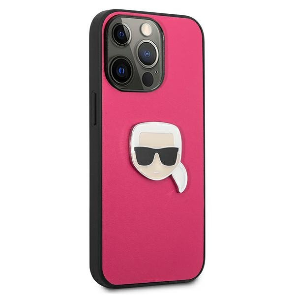Originalus Karl Lagerfeld dėklas KLHCP13LPKMP iPhone 13 Pro / 13 6,1" Rožinis Leather Ikonik Karl`s Head Metal 3