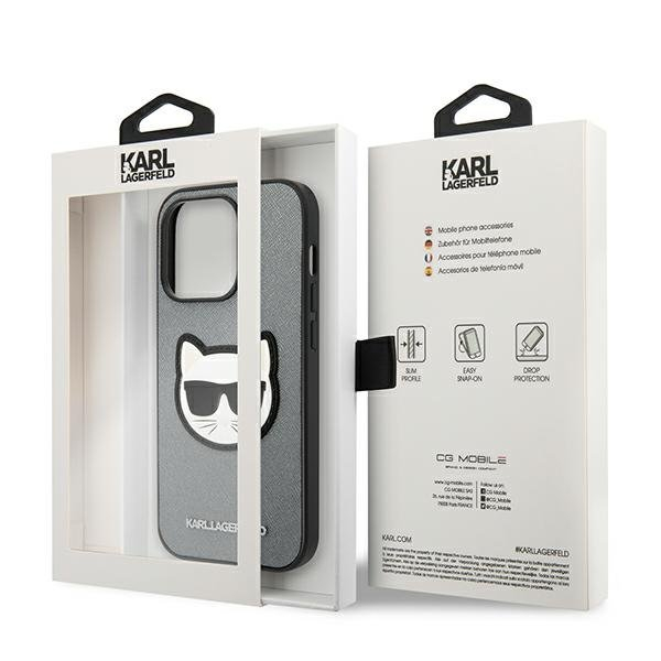 Dėklas Karl Lagerfeld Saffiano Choupette Head Patch KLHCP14LSAPCHG iPhone 14 Pro Sidabrinis 4