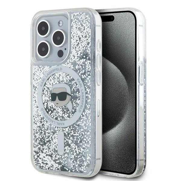 Karl Lagerfeld Liquid Glitter Karl Head MagSafe dėklas iPhone 15 Pro - Permatomas Karl Lagerfeld Liquid Glitter Karl Head MagSafe dėklas iPhone 15 Pro - Permatomas