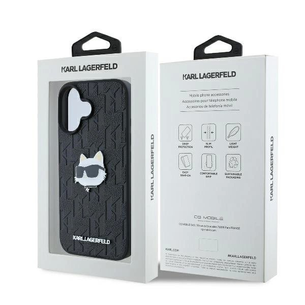 iPhone 16 Karl Lagerfeld Monogram Choupette Head Pin dėklas – juodas 7