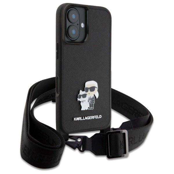 Dėklas Karl Lagerfeld Saffiano KarlChoupette Metal Pin CBDY Strap iPhone 16 - Juodas 2 Dėklas Karl Lagerfeld Saffiano KarlChoupette Metal Pin CBDY Strap iPhone 16 - Juodas 2