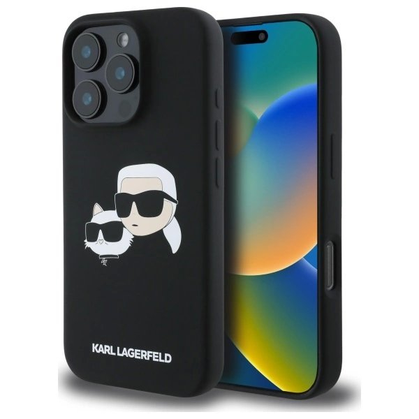 iPhone 16 Pro Max – Karl Lagerfeld Silicone Case Heads Print MagSafe dėklas - Juodas