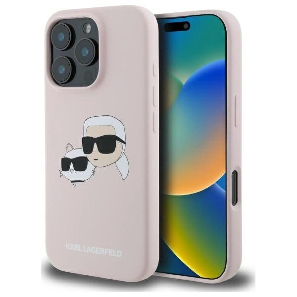 Karl Lagerfeld Silikoninis Dėklas Heads Print MagSafe skirtas iPhone 16 Pro - Rožinis