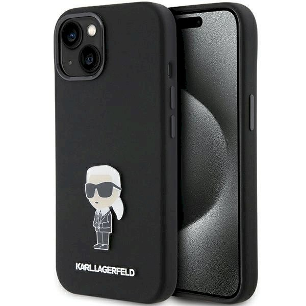 Karl Lagerfeld Silicone Ikonik Metal Pin dėklas skirtas iPhone 15 - Juodas Karl Lagerfeld Silicone Ikonik Metal Pin dėklas skirtas iPhone 15 - Juodas