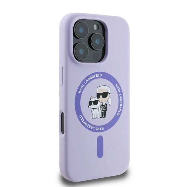 iPhone 16 Pro Max Karl Lagerfeld Silicone Karl&Choupette Heads Ring MagSafe dėklas - violetinis 1